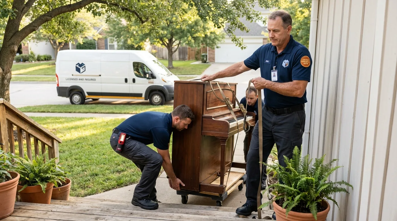 Licensed piano movers securing grand piano in Fowler, CO