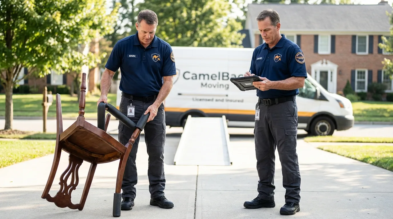 Movers inspecting furniture for damage prevention before loading in Fowler, CO
