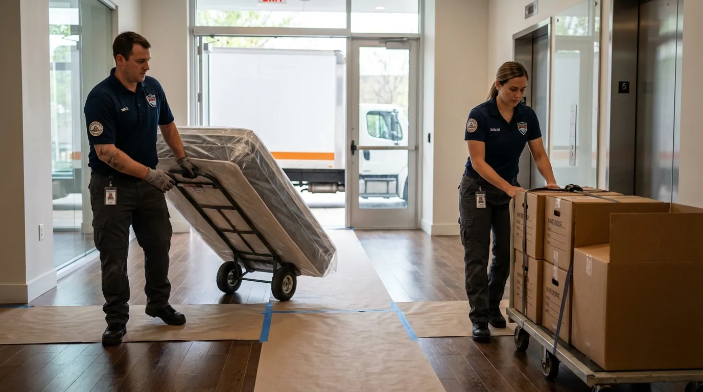 Professional apartment movers loading elevator in Fowler, CO